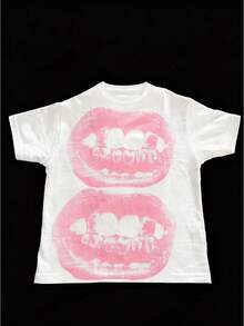 Teen Girl Graphic Tees Y2k Style Baby Tee With Lips Graphic Print Short Sleeve Round Neck Breathable Fabric Christmas Ready Teen Girl Shirts - 白色 - 查看 1