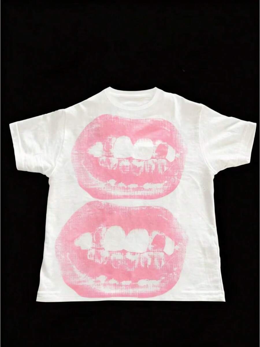 Teen Girl Graphic Tees Y2k Style Baby Tee With Lips Graphic Print Short Sleeve Round Neck Breathable Fabric Christmas Ready Teen Girl Shirts - 白色 - 查看 1