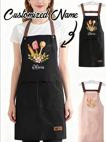 Delantal personalizable con nombre, delantal con estampado de flores rosas y cubiertos, para hombres y mujeres con bolsillos grandes, delantal personalizado ajustable en el cuello y la cintura, diseño personalizado para cocinar y barbacoa, regalo perfecto para hombres y mujeres, perfecto para Navidad y Acción de Gracias, regalo adecuado para familiares, amigos y colegas