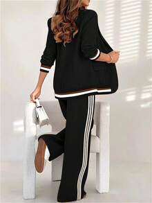 2pcs Solid & Striped Blazer Jacket And Wide Leg Straight Pants Set, Women Office Casual Suit - Black - View 6