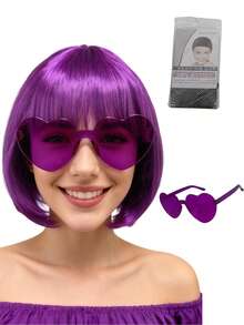 Zestaw peruk i okularów na imprezę cosplay, kolorowa krótka prosta peruka, zabawne rekwizyty do kostiumu, w zestawie okulary przeciwsłoneczne bez oprawek w kształcie serca i siateczka na włosy