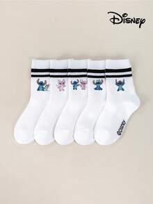 Disney 1/5/10双装，史迪奇天使图案儿童短袜，“星际宝贝”卡通图案，黑色双条纹白色中筒袜，女童短袜，男童短袜，柔软舒适透气踝袜，防滑船袜，酷炫卡通图案踝袜，可爱休闲风，日常穿着/派对礼物/复活节/夏季，多色袜子 - 彩色 - 查看 5