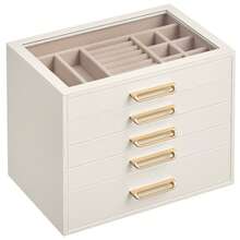 SONGMICS Scatola Portagioie, per Natale, Porta Gioielli a 5 Livelli con Finestra in Vetro, 5 Cassetti, Capiente, Moderno, Maniglie Dorate, Idea Regalo, 17,2 x 24 x 18,4 cm, Bianco Crema - Bianco - Visualizzare 6