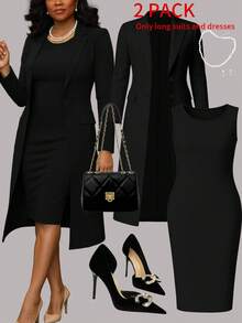 Plus Size Women Elegant 2-Piece Set, Solid Color Minimalist Versatile Long Blazer Cardigan + Bodycon Mid-Length Dress, Suitable For Daily Commute, Autumn/Winter