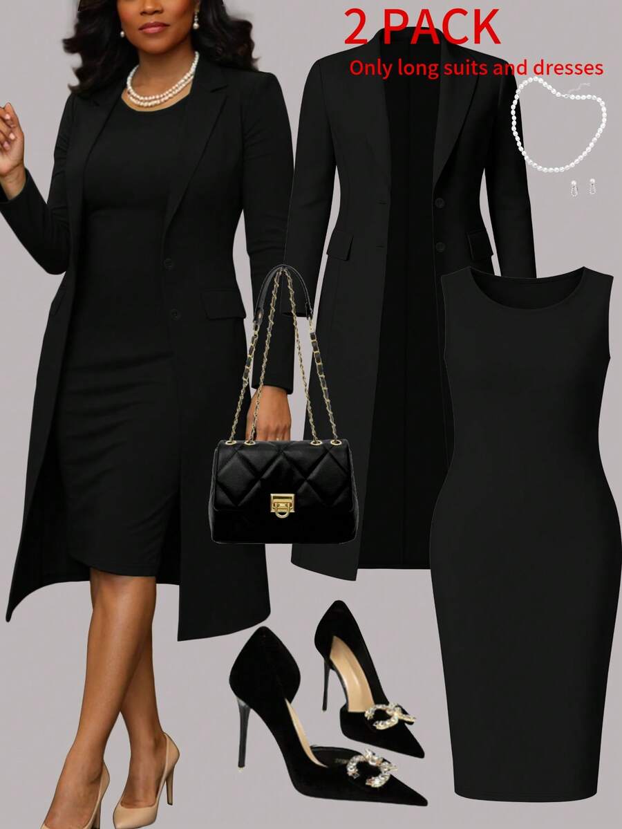 Plus Size Women Elegant 2-Piece Set, Solid Color Minimalist Versatile Long Blazer Cardigan + Bodycon Mid-Length Dress, Suitable For Daily Commute, Autumn/Winter