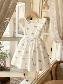 Girls Ivory White Elegant Cute Butterfly Print Princess Dress, Cap Sleeve Round Neck Dress, Spring/Summer - Beige - View 11