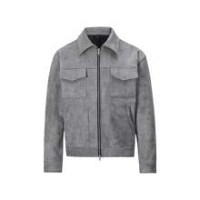 MT99 秋冬美式麂皮休闲夹克，复古基础款男士长袖外套，纯色 - 淺灰色 - 查看 3