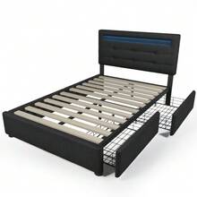 Bed Frame With LED Lighting And 2 Drawers, Single Upholstered Bed 90x200cm, Height-Adjustable Headboard, Wooden Slatted Base, Grey (Mattress Not Included) - 黑色 - 查看 5
