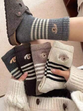 5 pares de calcetines de lana a rayas cálidos para otoño/invierno, estilo universitario retro hasta el tobillo, surtido aleatorio