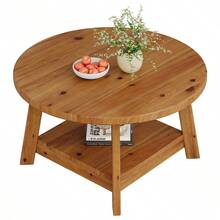 LITTLE TREE Farmhouse Round Coffee Table, Solid Wood 2-Tier Accent Table With Storage Shelf & Tapered Legs For Small Spaces - Apricot - View 7