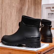 时尚固定式毛绒雨靴，男士低筒短筒雨靴，保暖防水防滑厚底耐穿鞋，适合学生、厨房、涉水、男女情侣穿着 - 黑色 - 查看 5