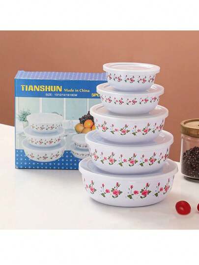Juego de 5 cuencos esmaltados con tapa