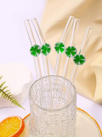 1/2支装幸运绿色四叶草玻璃吸管，优雅可重复使用弯管，适用于咖啡、珍珠奶茶和冰饮。为庆祝活动和聚会营造节日氛围。完美的节日礼物。圣帕特里克节的理想之选。