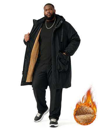 Men Plus Size Long Sleeve Padded Coat, Thickened Mid-Length Winter Coat , Fall