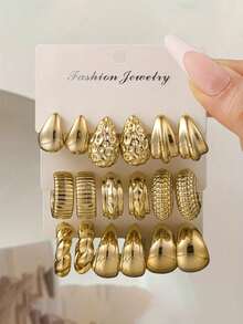 9pcs Fashionable Minimalist Geometric Asymmetrical Personalized Earring Set - Twisted, Teardrop, C-Shape Design Earrings, Suitable For Casual, Date Or Party Wear, Women Jewelry Set - Gold - View 2