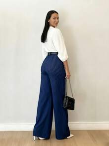 Pantaloni a vita alta a righe verticali, eleganti e casual, effetto snellente, gamba ampia dritta, morbidi e confortevoli, adatti per l'abbigliamento da lavoro - Blu - Visualizzare 4
