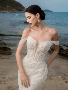 Elasola HEARBOBO 浪漫露肩网纱串珠刺绣美人鱼婚纱，适合新娘、订婚等场合，优雅迷人 - 白色 - 查看 3