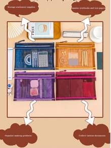 A4 Dual Layer Zipper Transparent Mesh File Folder, Suitable For Storing Valuable Documents, Exam Papers, Textbooks, ID Cards, Cosmetics, Etc. - Multicolor - View 1