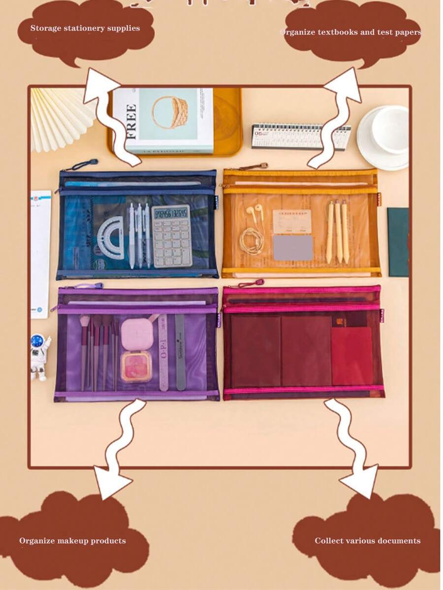 A4 Dual Layer Zipper Transparent Mesh File Folder, Suitable For Storing Valuable Documents, Exam Papers, Textbooks, ID Cards, Cosmetics, Etc. - Multicolor - View 1