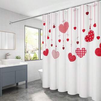 1 pieza Cortina de ducha romántica para el Día de San Valentín, de poliéster resistente al agua con patrones de corazones, lavable a máquina, incluye 12 ganchos, decoración de baño con tema de amor tejido, regalo ideal para el Día de San Valentín