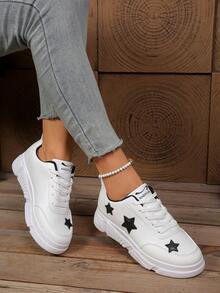 女士白色运动鞋，休闲厚底厚底鞋，防滑增高皮面学生鞋 - 白色 - 查看 1