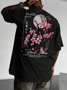 Men's Casual Japanese Sakura Floral Print Loose Fit Black T-Shirt -Versatile Basic T-Shirts,Moisture-Wicking T-Shirts,Breathable Daily Tee - màu đen - Xem 7