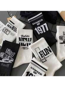 5 đôi tất cao đến giữa bắp chân dành cho nam mùa thu đông, phong cách thủy thủ, chống mùi, đa năng, thiết kế chữ thể thao kiểu Mỹ, tất cổ cao dành cho nam, phong cách INS, có thể mang quanh năm - màu đen - Xem 6