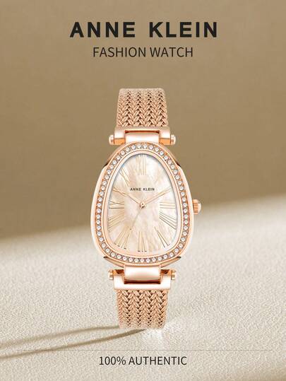 Anne Klein Women's Crystal Accented Bangle Watch,Luxury Gold-tone Quartz Watch with Mother of Pearl Dial,Ladies' Elegant Mesh Bracelet Watch