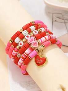 情人节串珠手链套装 - “LOVE/KISS/XOXO”心形吊坠可叠戴手链，适合浪漫送礼和日常佩戴