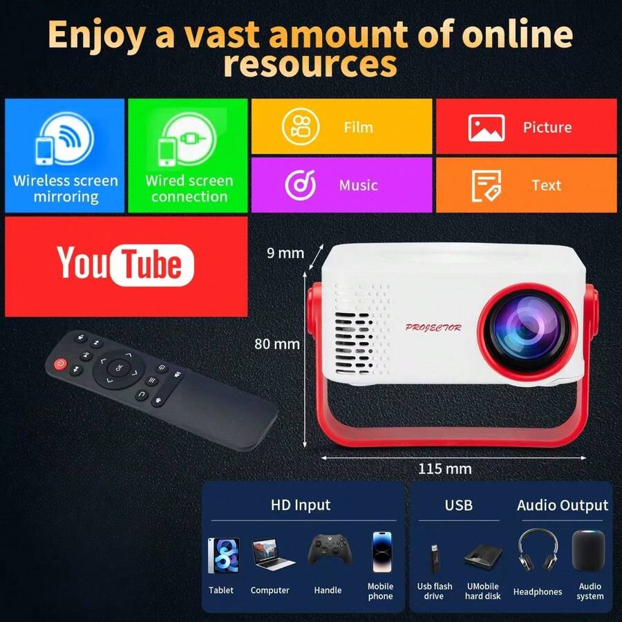 1 pieza Proyector mini portátil M60 con WiFi, 1080P HD, soporte giratorio 180°, compatible con IOS/Android/Windows/USB, 60 lúmenes ANSI, relación de pantalla 16:9, pantalla LCD, control de botones, alimentación 100-240V, sin batería requerida