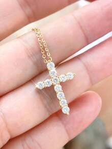 1pc Cross Zirconia Pendant Necklace Women Gold Plated Chain Necklace Jewelry Party Couple Anniversary Gift For Girlfriend Lover Friend