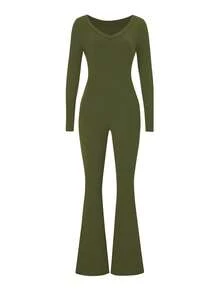 AiTyi Damen Jumpsuit, gut sitzender V-Ausschnitt einfarbiger schlanker schmeichelhafter modischer sexy Casual Sport Outdoor vielseitiger Y2K Stil, geeignet für Abschluss, Schulanfang, Weihnachten, Neujahr, Erntedankfest, Herbst/Winter gestrickter Langarm Weites Bein Jumpsuit Frühling Elegant - Armeegrün - Übersicht 9