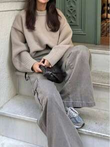 Áo len nữ cổ tròn dáng rộng thoải mái FOR BEAUTY, áo len dài tay kiểu dáng mới mùa thu/đông, thích hợp mặc đi làm và hàng ngày, phù hợp cho dịp năm mới. - Volcanic Gray - Xem 3