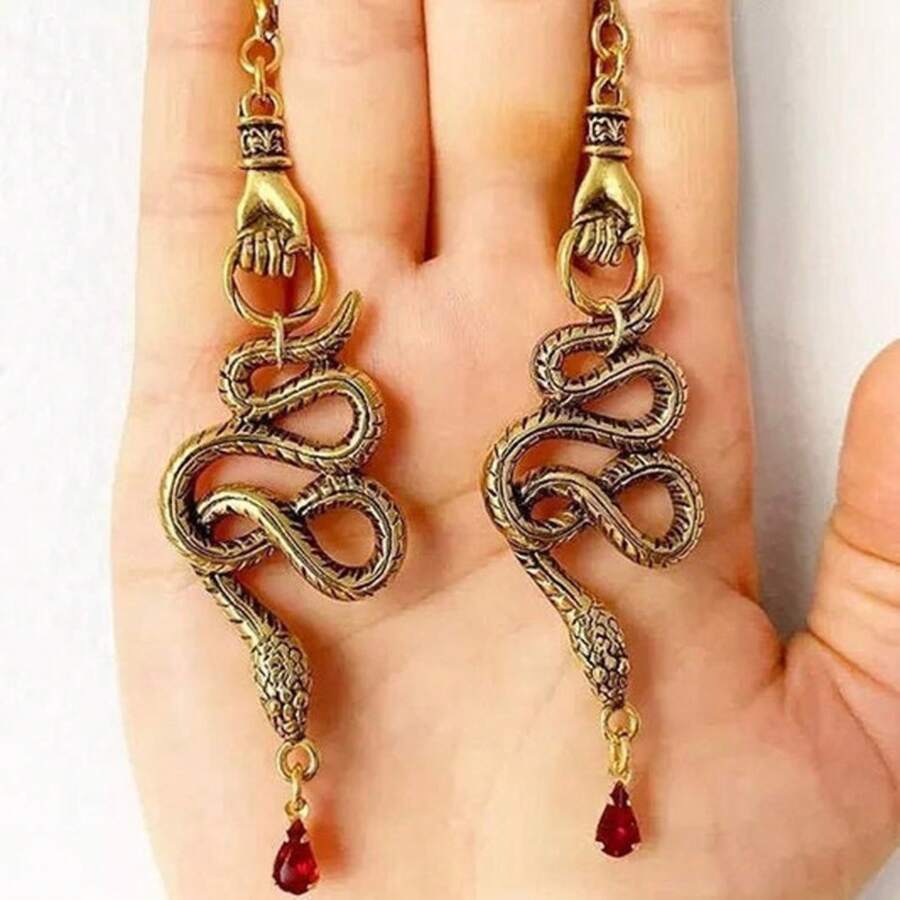 Fashionable Simple Personality Versatile Retro Jewelry Snake Hand Earrings Teardrop Earrings - Vàng - Xem 1