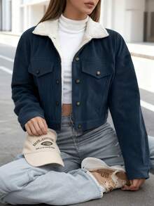 Women's Autumn & Winter Warm Fleece-Lined Corduroy Jacket - Multi - Color Stylish Thermal Cropped Outerwear, Cold - Proof Fashionable Fuzzy Jacket For Ladies