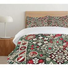 Winter Duvet Cover Set, Merry Theme Delicate Snowflakes, Vintage Holiday Pattern, 3 Piece Bedding Set With 2 Pillow Shams, Size, Teal White - 深粉紅色月桂綠 - 查看 2