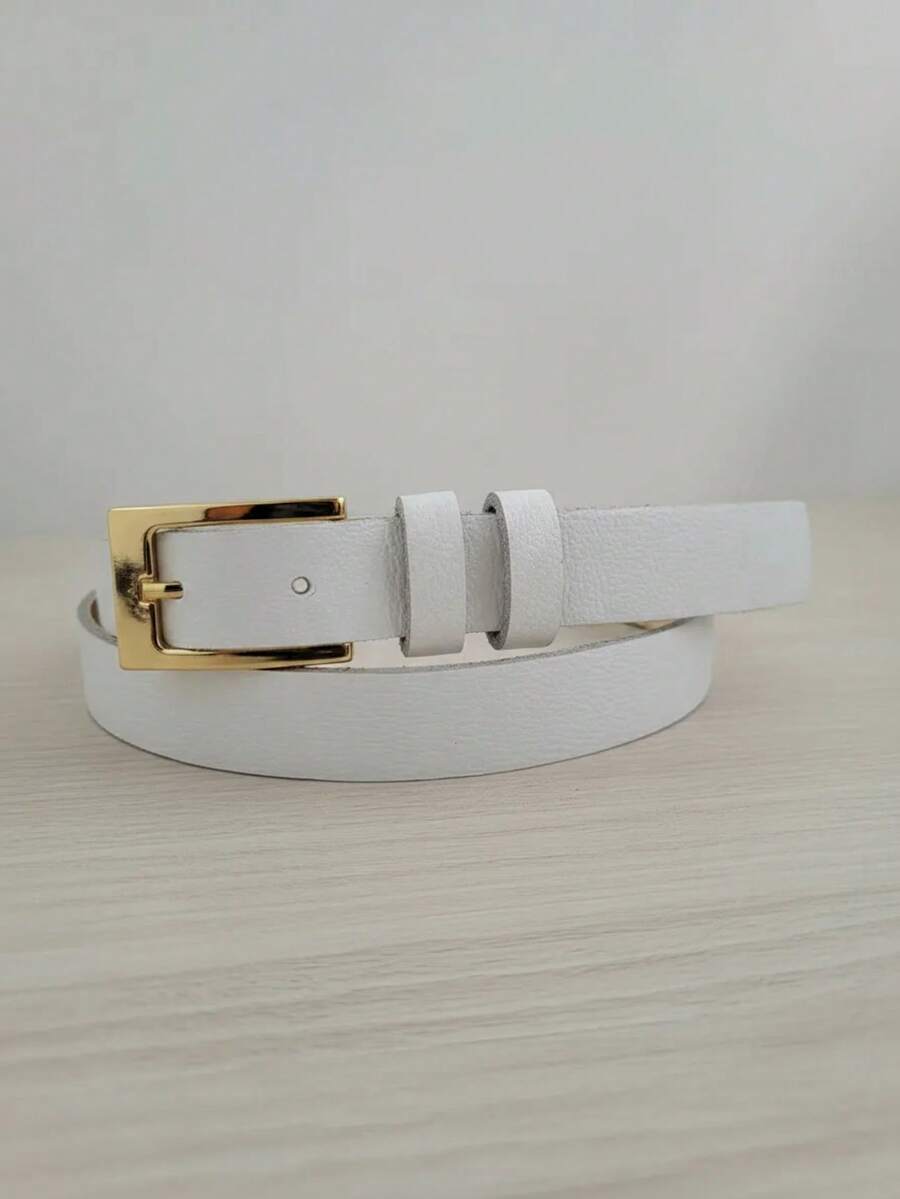 Women's Belt 2cm Genuine Leather Thin Basic Gold Buckle - 白色 - 查看 1