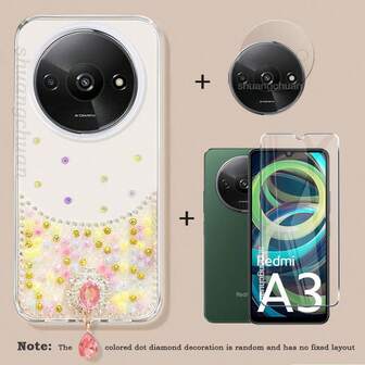 3-In-1 Suitable For Redmi A3 Rhinestone IMD Phone Case, Redmi A3X Screen Tempered Glass Film, Poco C71 4G/Redmi A5 4G Glitter Shiny Phone Protective Cover