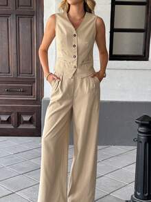 1 Set Women's Casual Commuting Matching Elegant Solid Color Single Button Top And Pants, Summer - Khaki - View 4