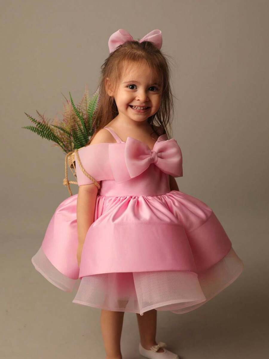 Vestido de princesa de tul con hombros descubiertos y lazo para niña, esponjoso, para boda, niña de las flores, fiesta de cumpleaños, reunión - Rosa - Ver 1