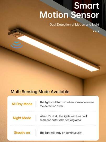 1pc LED Motion Sensor Cabinet Light, Under Counter Closet Lighting, Wireless Magnetic USB Rechargeable Kitchen Night Lights, Battery Powered Operated Verlichting Wardrobe Closets Cupboard Stairs Corridor Shelf Three s,7.87inch/11.8inch/15.7inch/19.7inch view 9