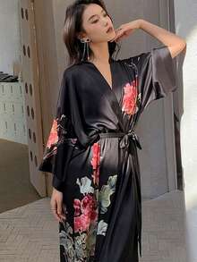 Vintage Chinese Style Loose Fit Long Cover Up, Elegant Printed Niche Design Kimono, Casual Tie-Waist Robe, Sleepwear, Homewear, Lightweight Jacket, Beach Cover-Up, Sun Protection - Black - View 6