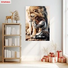Impresión en lienzo 2D de león medieval de Judá - arte cristiano vertical con espada y escudo, león arrodillado rezando, marco de madera envuelto, adecuado para decoración de hogar, oficina, iglesia, regalo bíblico inspirador para mujeres y hombres - transparente - Ver 9