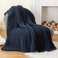 Battilo Beige Chunky Knit Throw Blanket, Soft And Thick Chenille Throw Blanket, 50x60 Handmade Knit Crochet Blanket, Cozy Knot Knitted Throw Blankets Couch Home Decor, Taupe - Navy - 查看 1