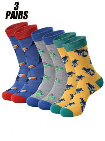 3双装时尚百搭个性化可爱卡通动物（蝎子、鹦鹉、蜥蜴）图案中筒袜，透气吸湿，防摩擦，适合日常休闲、户外活动、运动等多种场合。