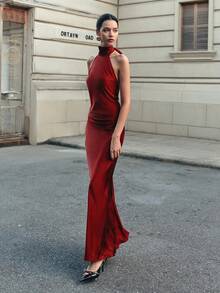 1pc Sexy Backless Round Neck Sleeveless Elegant Maxi Dress, Fitted Halter Neck Bodycon Dress, New Arrival 2025 European And American Cross-Border Summer Party - Burgundy - View 8