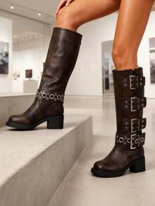 Vintage Metallic Buckles Knee High Boots For Woman Round Toe Wide Calf Riding Fashion Chunky Heel Pull On Y2K Motorcycle Boots - màu nâu - Xem 5