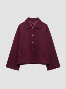 女士时尚休闲法式单排扣短款宽松领羊毛大衣 - 中紫紅色 - 查看 7