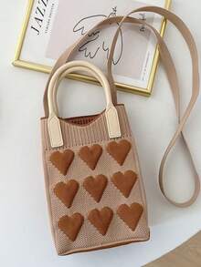Super Cute Mini Knit Phone Bag With Heart Pattern, Checkered Wave Crossbody Small Bag, Handbag, Student Phone Bag