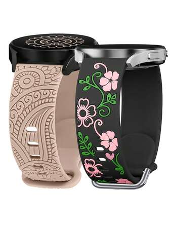 2 piezas Bandas grabadas compatibles con Galaxy Watch 7/FE/6/5/4 Banda 40mm 44mm, Galaxy Watch 5 Pro 45mm, Galaxy Active 2, Galaxy Watch 3, Garmin Vivoactive 6/Vivoactive 5/3/3 Music/Venu Sq 2/Forerunner 55/165/245/645, 20mm Correa de repuesto de silicona suave para deporte para mujeres y hombres